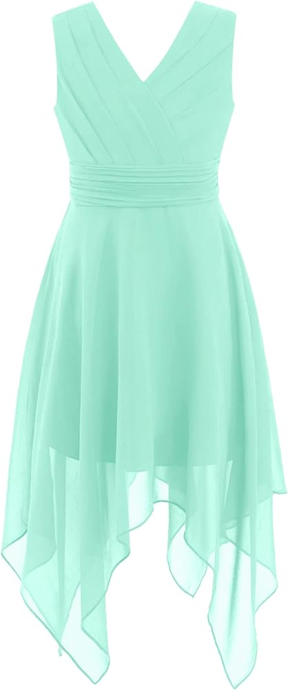 YiZYiF Kids Girl's Pleated Asymmetric Junior Bridesmaid Wedding Dress Chiffon V Neck Princess Pageant Ball Gown Mint Green 16 Years