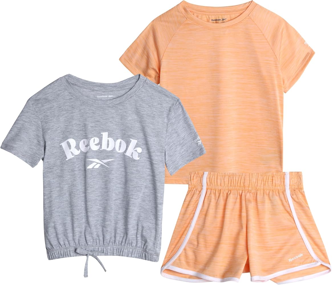 Reebok Girls' Active Shorts Set - 3 Piece Short Sleeve T-Shirt, Tank Top, Gym Shorts - Summer Athletic Set for Girls (7-12)