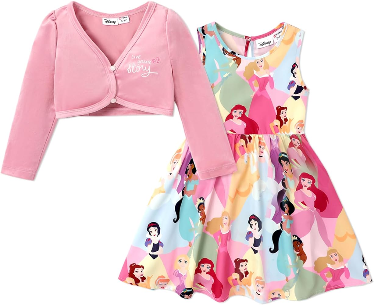 Disney Girls Dress and Cardigan Sets 2PCS Toddler Girl Print Sleeveless Dress and Long Sleeve Cardigan Set