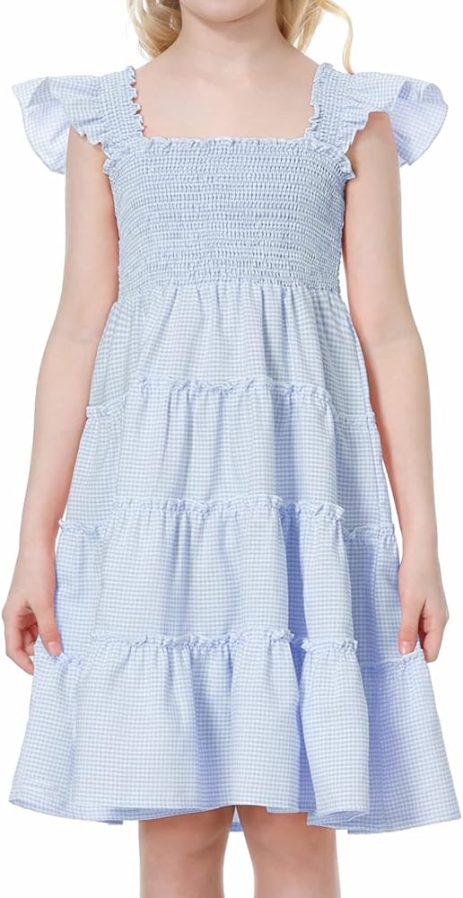 Mebius Girls Dresses Square Neck Smocked Ruffle Babydoll Boho Tiered Flutter Sleeve A-line Dress 6-12Y