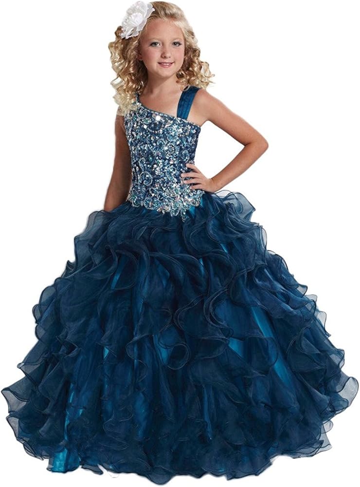 WZY Girls Illusion Rhinestone Beading Ruffled Christmas Ball Gown Princess Pageant Dress (6, Turquoise)