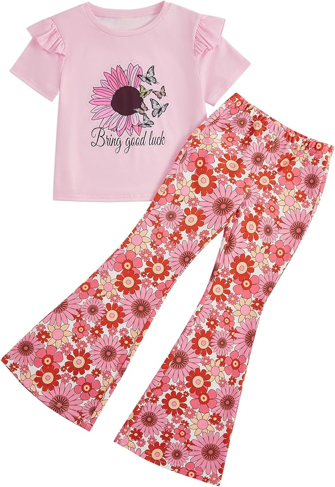 OYOANGLE Girl's 2 Piece Print Outfits Clothes Set Short Sleeve T-Shirt and Flare Leg Pants Set