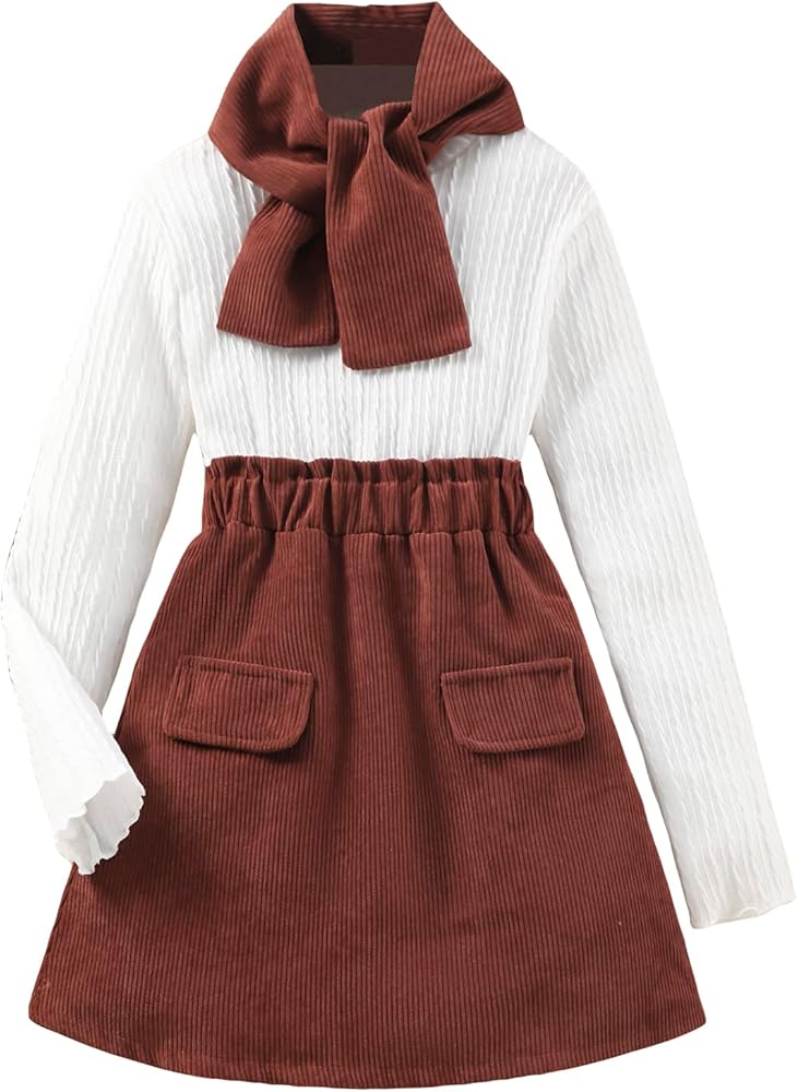 Milumia Girl Two Piece Outfits Rib Knit Long Sleeve Tee Shirt and Plaid Pleated Skirt Sets White and Brown 11-12 Years