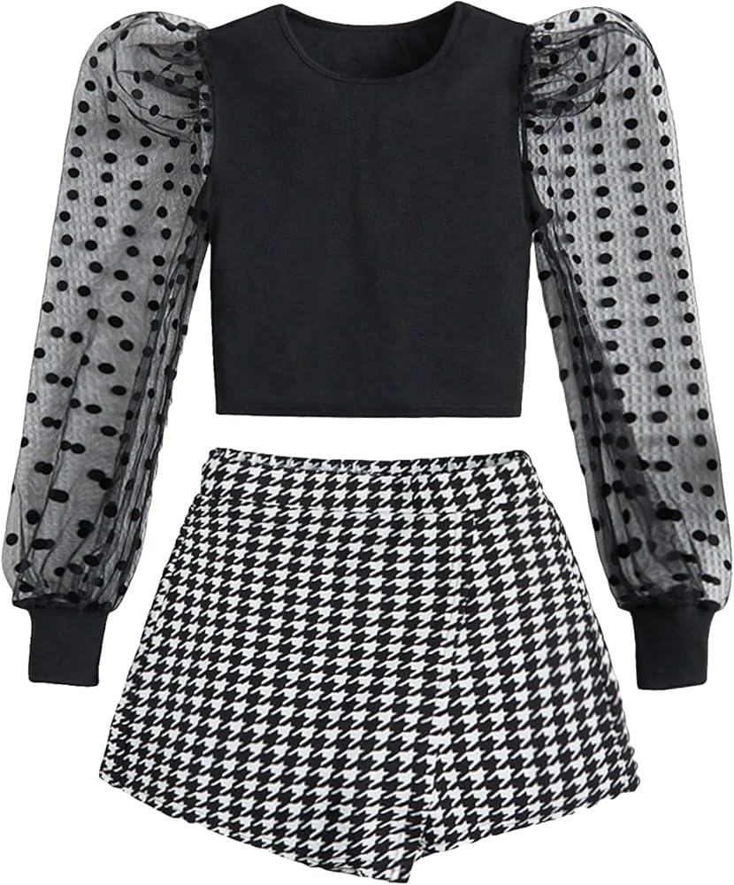 OYOANGLE Girl's 2 Piece Outfits Mesh Polka Dots Long Puff Sleeve Tee Top and Houndstooth Print Wrap Skort Skirts Set