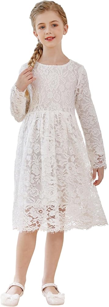 SMILING PINKER Girls Long Sleeve Lace Dress Formal Flower Girl Wedding Party Communion Dressy