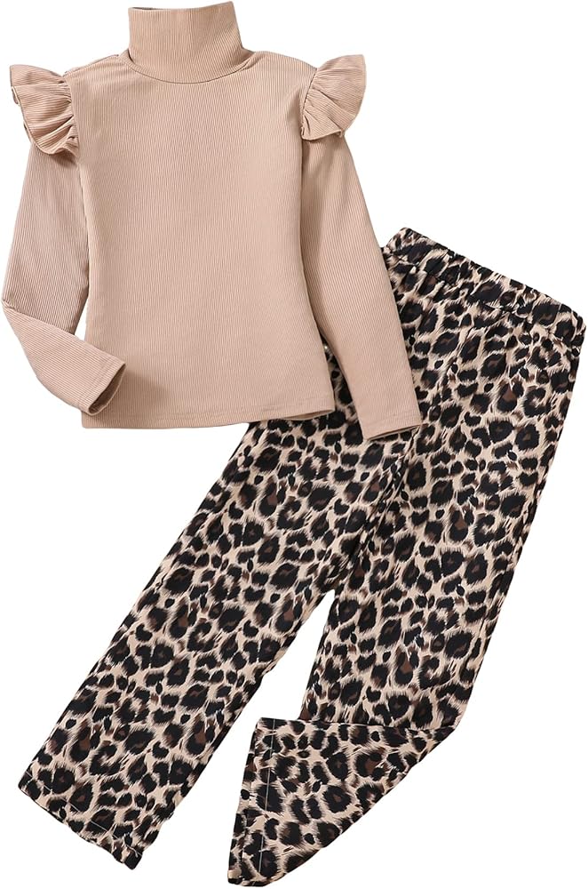 Milumia Girl's Two Piece Outfits Ruffle Trim High Neck Long Sleeve Tee and Leopard Pants Set