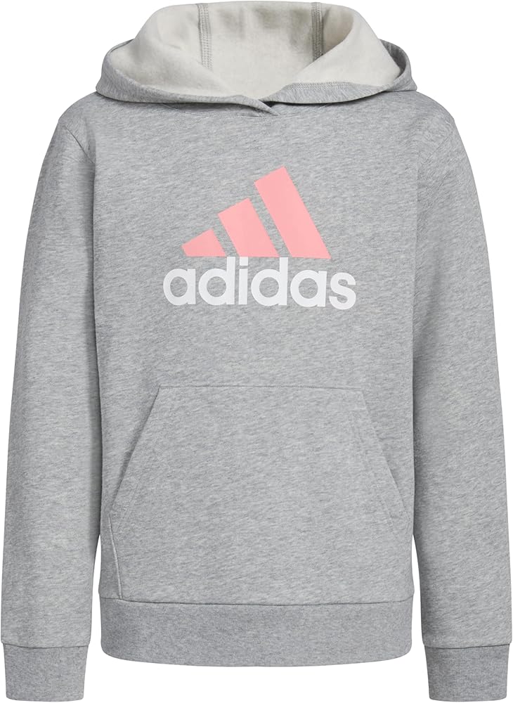 adidas Girls' Long Sleeve Graphic Fleece Hooded Pullover, Medium Grey Heather Pastel