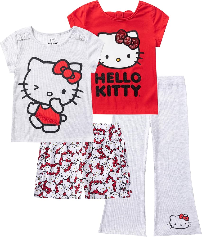 Hello Kitty Sanrio Girls 4 Pack Mix and Match 2 Short Sleeve T-Shirts, Short, and Flared Pants Set for Big Kids