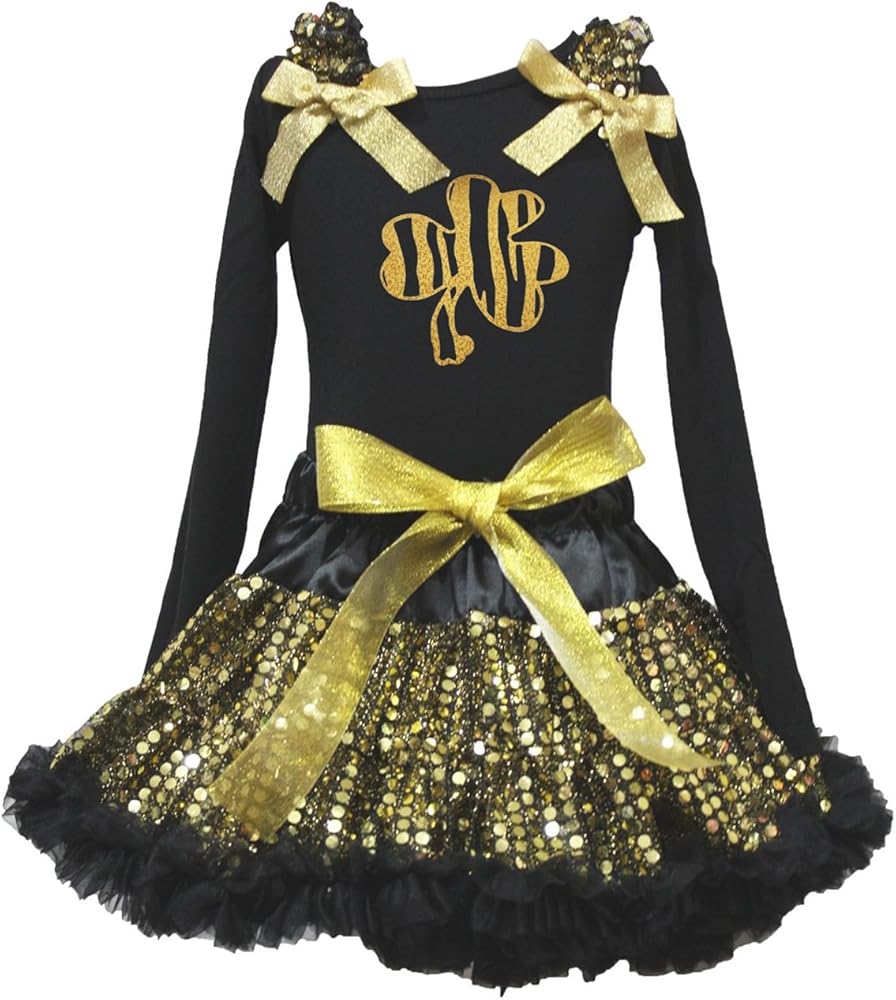 Party Dress Golden Clover Black L/s Shirt Black Gold Sequins Skirt Outfit 1-8y