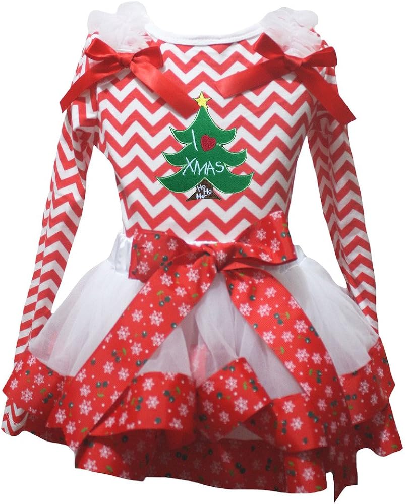 Petitebella Xmas Tree Red White Chevron L/s Shirt Snowflake Petal Skirt Nb-8y