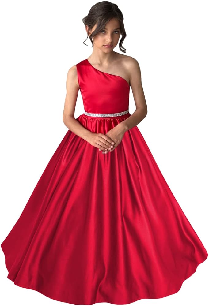 One Shoulder Girls Pageant Dresses Stain for Kids Princess Formal Party Ball Gowns with Pockets PA037