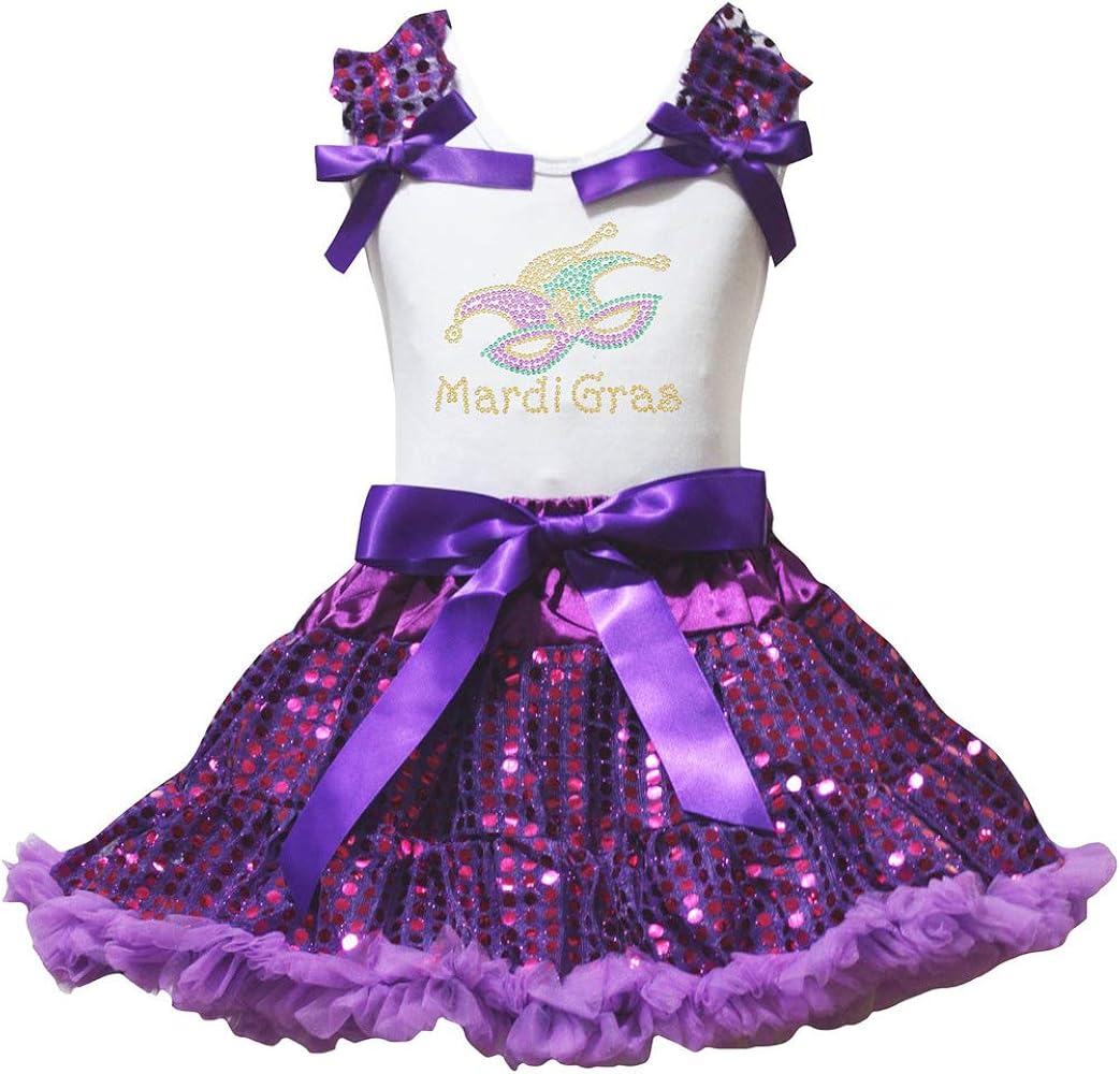 Petitebella Mardi Gras White Shirt Purple Sequins Petti Skirt Outfit 1-8y