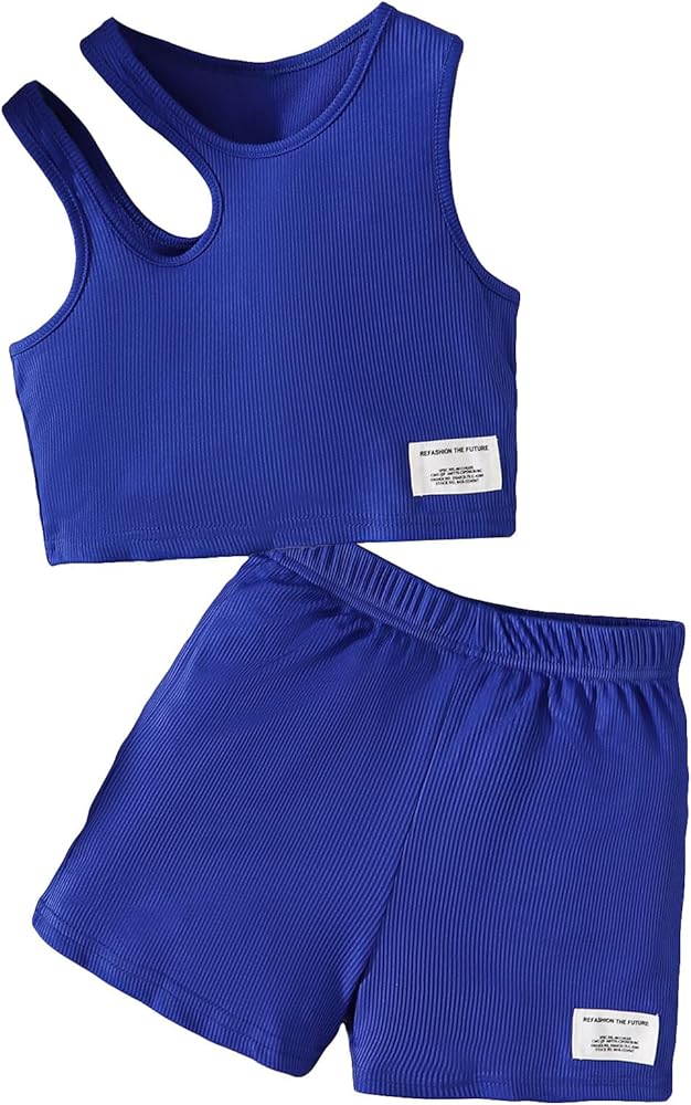 OYOANGLE Girl's 2 Piece Rib Knit Sleeveless Cut Out Tank Top and Elastic Waist Shorts Set Tracksuit