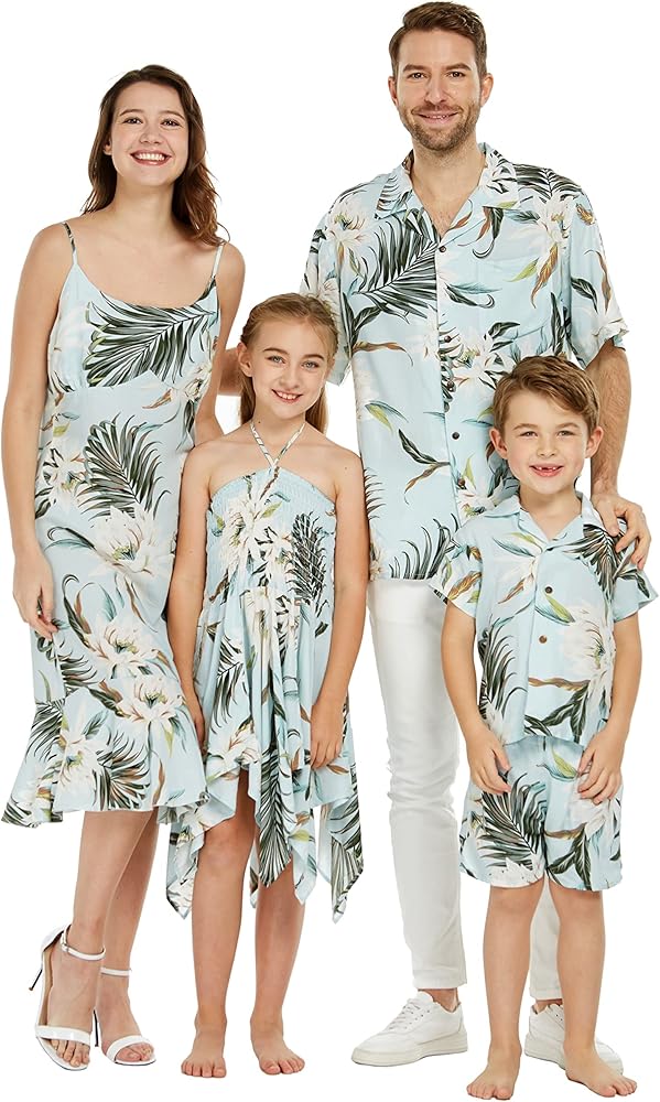 Matchable Family Hawaiian Luau Men Women Girl Boy Clothes in Wispy Cereus Light Blue