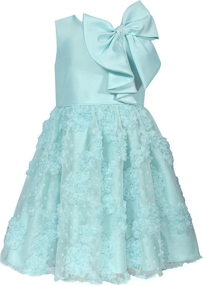 Bonnie Jean Girls 4-16 Aqua Mikado Bonaz Mesh Bow Dress