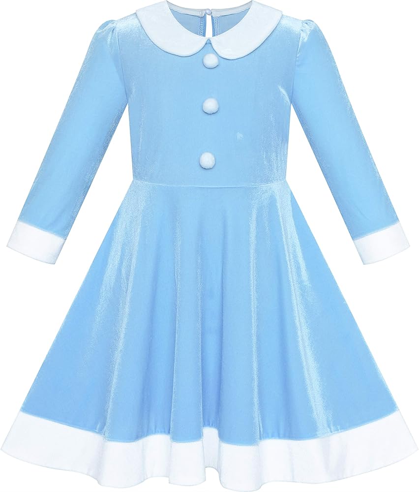 Girls Dress White Collar Velvet Long Sleeve Blue Swing Dress Size 6