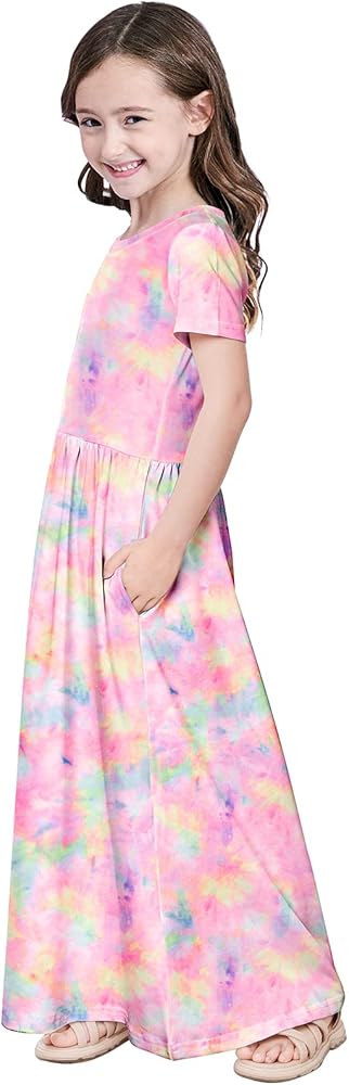 Quedoris Girls Maxi Dress Floral Printed Casual Dress with Pockets for Kids in 4 to 10 Years