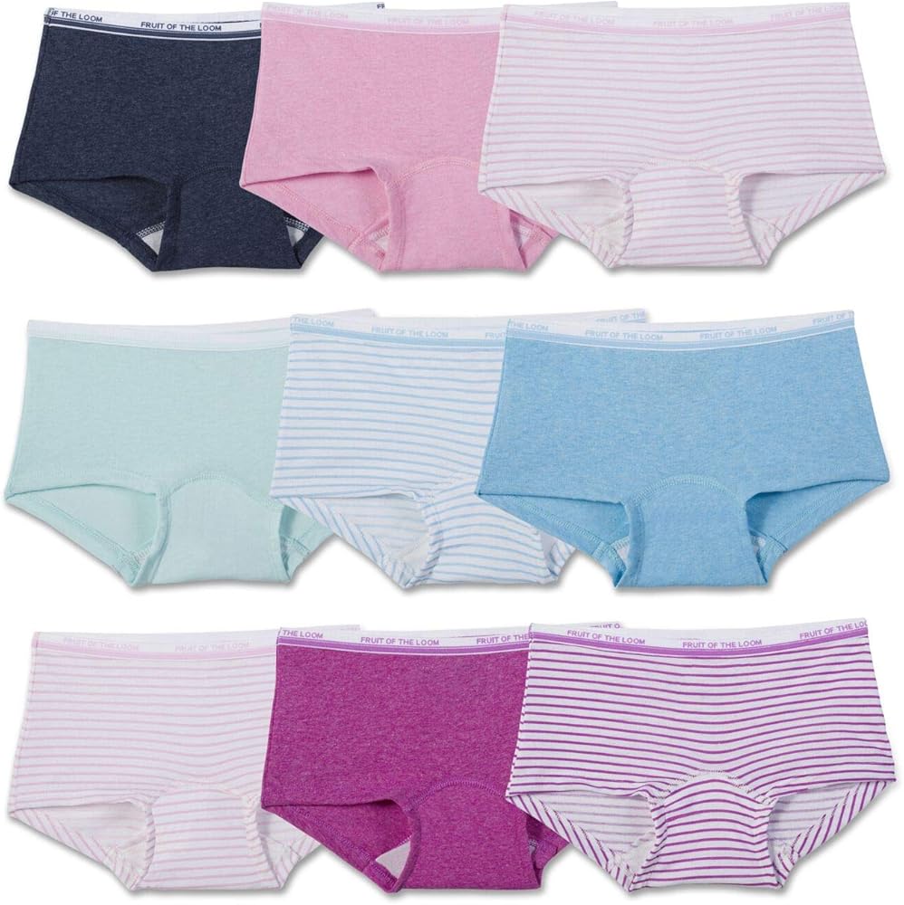 Fruit of the Loom Girl's 9 Pack Boyshort Underwear, 14, Assorted Heathers