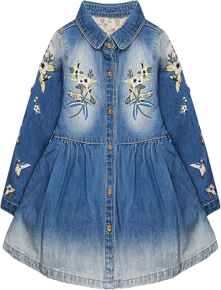 KIDSCOOL SPACE Baby Little Girl Jean Coat Dress,Flower Bird Embroidered Pleated Denim Shirt Dress