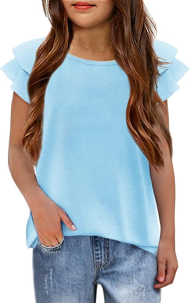 Girls T Shirts Ruffle Short Sleeve Round Neck Loose Blouse Summer Solid Color Casual Girl Tee Tops for 3-12 Years