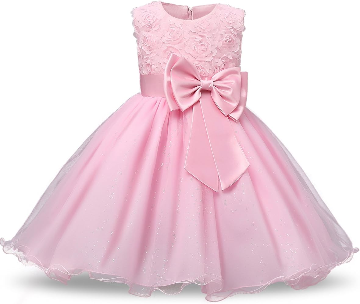 Acecharming Flower Girls Dress, Kids 3D Rose Bow-Knot Pink Sleeveless Tutu Tulle Girls Dress for Birthday Wedding Bridesmaid Toddler Pageant Gown Party Prom Dress for Girls 12-13 Years