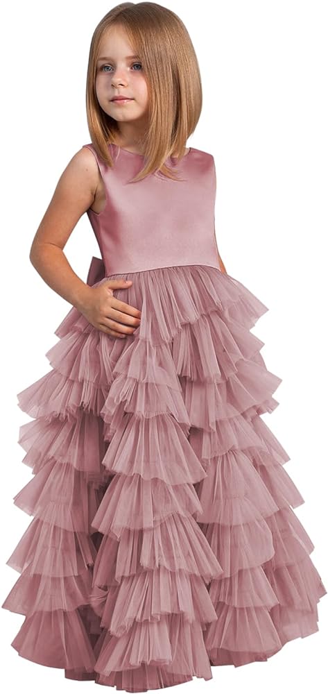 MCieloLuna Flower Girl Dresses for Wedding Bow-Knot Multilayer Puffy Tulle Pageant Princess First Communion Dresses