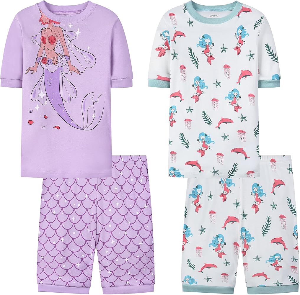 Joyond Girls Pure Cotton Summer Pjs Size 2T-14Years, Little Girls Short Sleeve 4-Piece Sleepwear Kids Toddler Pajamas Set