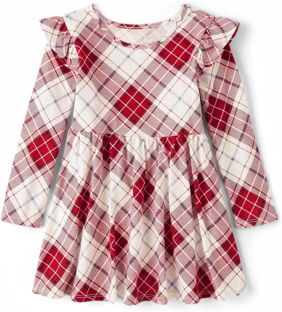 The Children's Place Baby Girl's and Toddler Long Sleeve Fashion Dress, Red Plaid, 5T