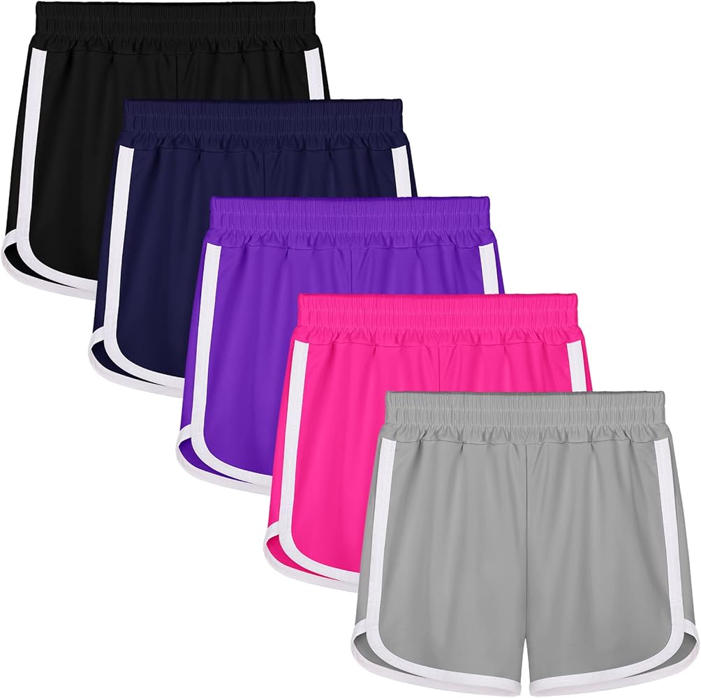 Resinta 5 Packs Girls Athletic Running Shorts Toddler Soccer Shorts Kids Quick Dry Basketball Shorts Gym Active Shorts