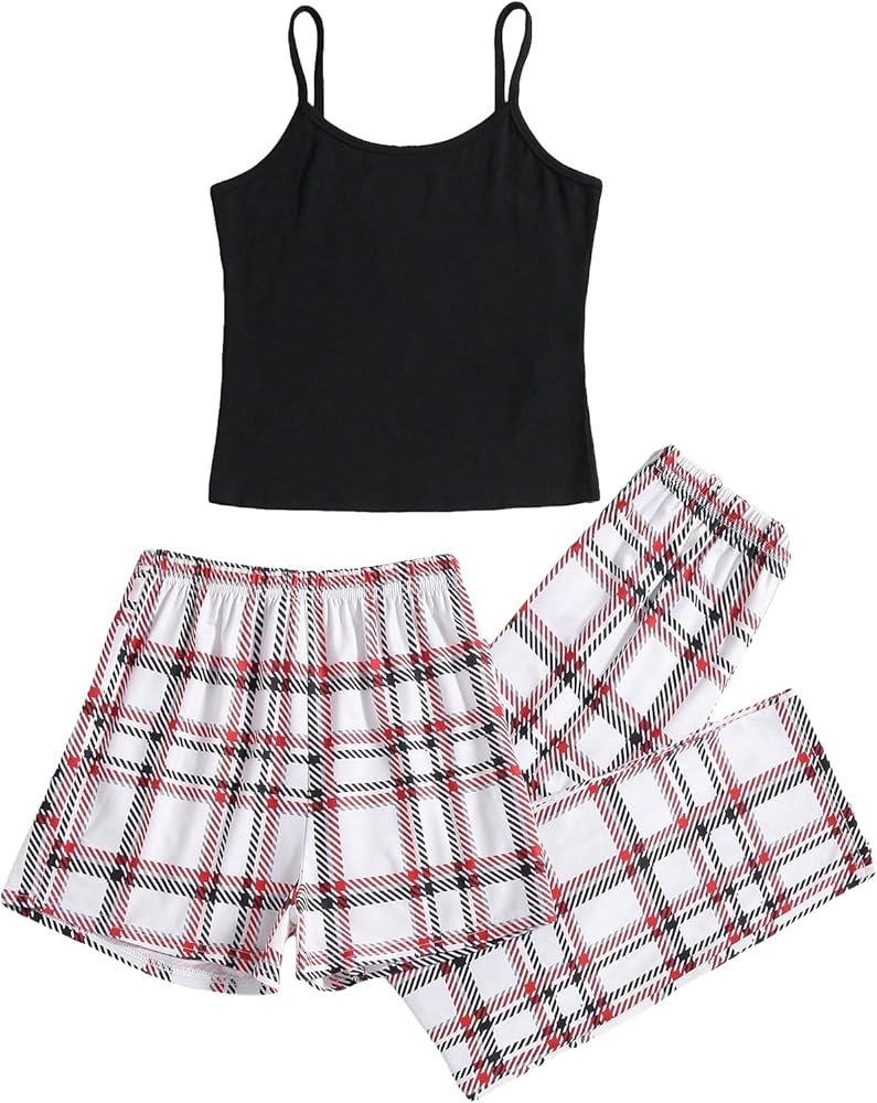 Milumia Girl's 3Pcs Summer Outfits Cami Top with Plaid Long Pants and Shorts Clothing Set