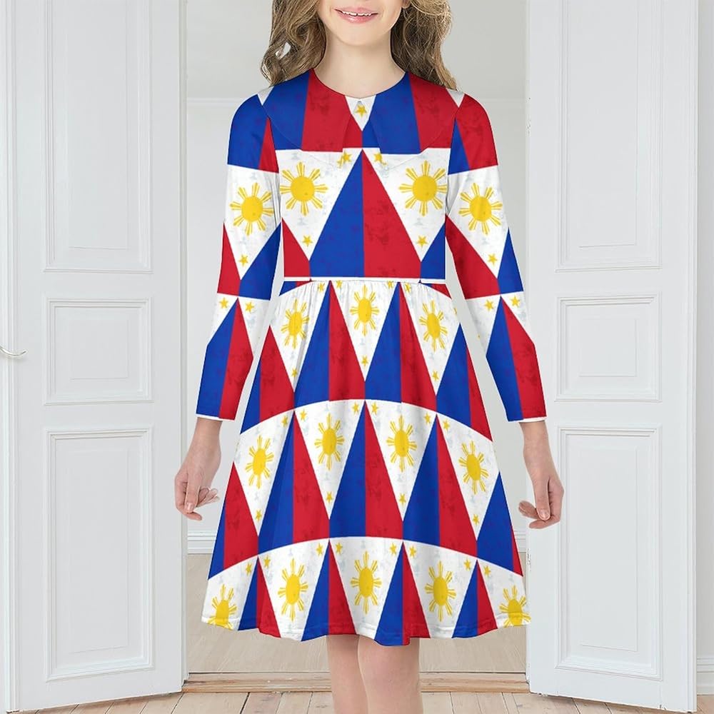 Retro Philippines Flag Girls Dress Long Sleeve Short Dress Swing Casual Party Dresses