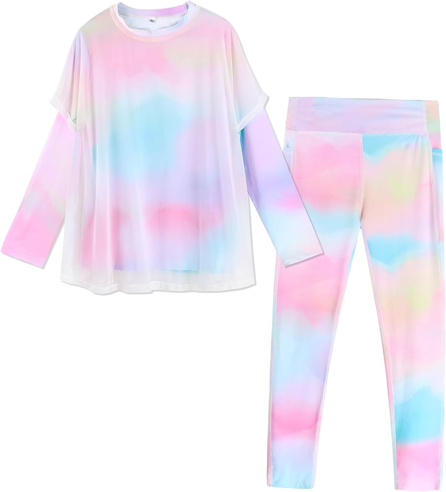 Girl 2 Piece Pullover Sweatsuits Dance Outfits, Rainbow-colored Long Shirt and Leggings Active Tracksuit Cute