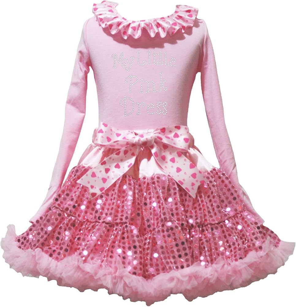 Petitebella My Little Pink Dress L/s Shirt Hearts Bow Pink Sequin Skirt Girl Outfit 1-8y