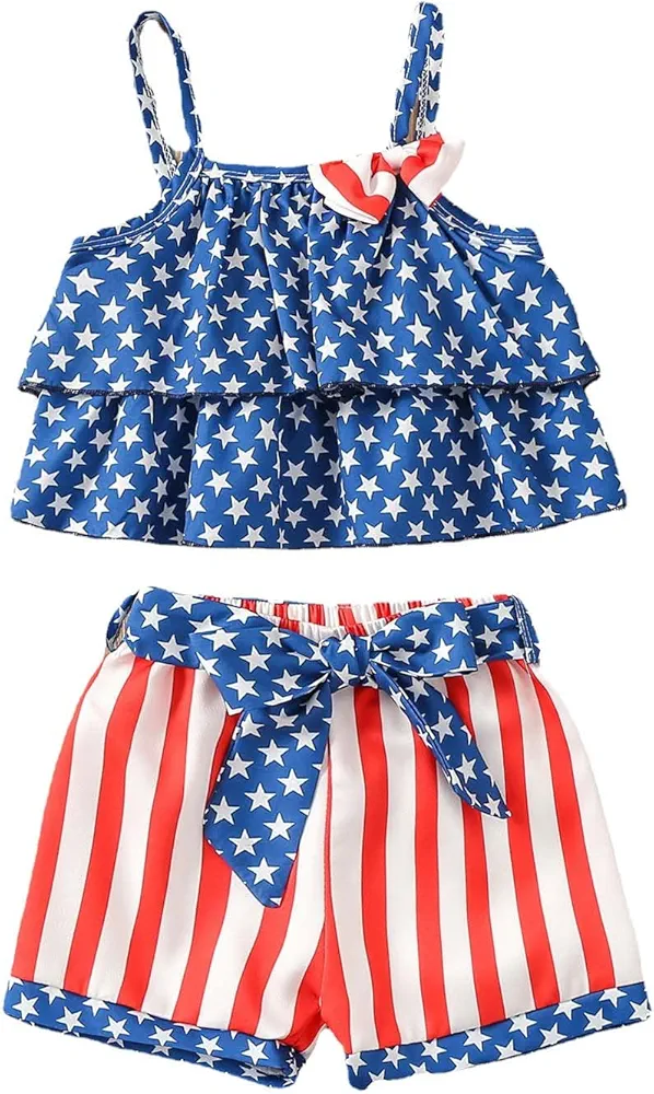 Toddler Kids Girls 4 of July Words Tassel Sleeveless Independence Day Tops Shorts Stripe Star USA Flag (Blue, 3-4 Years)