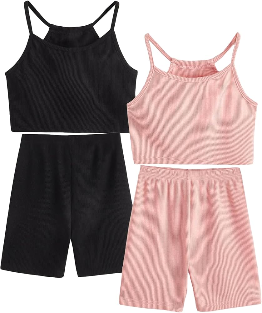 OYOANGLE Girl's Casual Rib Knit 2 Piece Outfits Cami Top and Elastic Waist Shorts Set Tracksuit