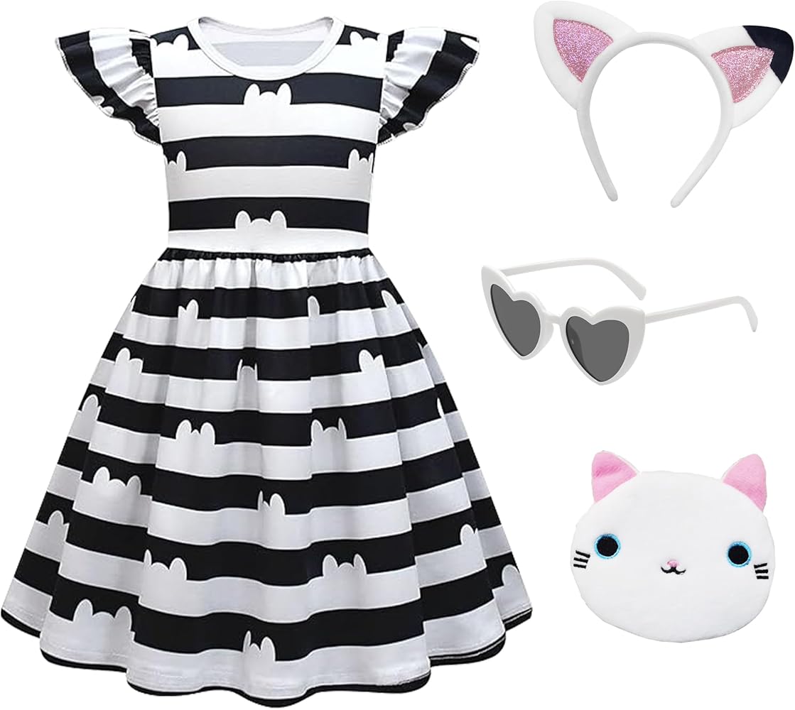 Girls' dollhouse Cartoon Dress Ruffle Sleeve Casual Cat Dresses with Headband Wallet and glasses for anime fans 4-8Y