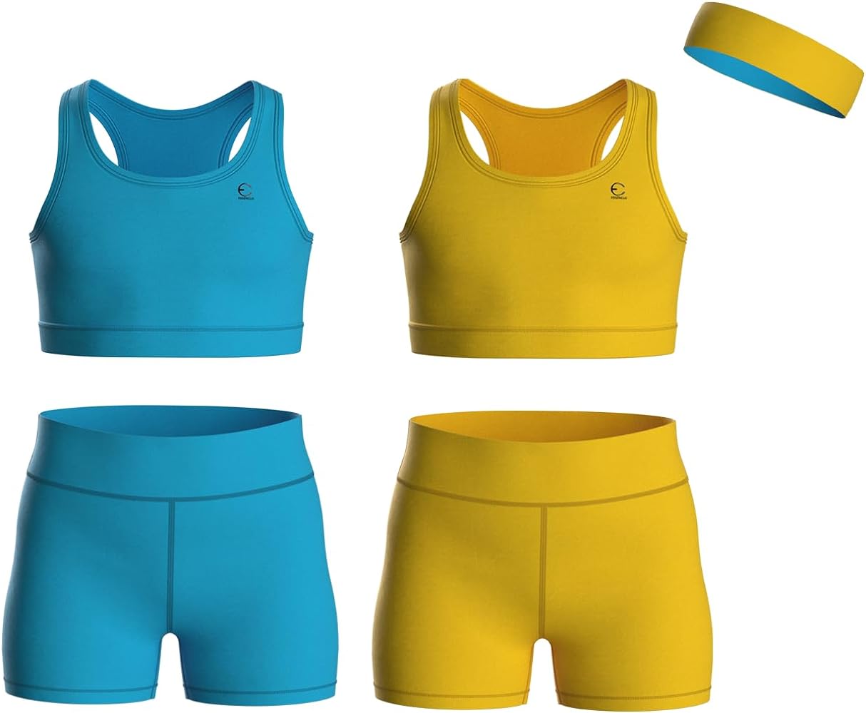 Girls Clothing Athletic Sets Sleeveless Crop Tank Tops & Bike Shorts Cheer, Gymnastics, Volleyball Size 3-16 (5 Pcs)