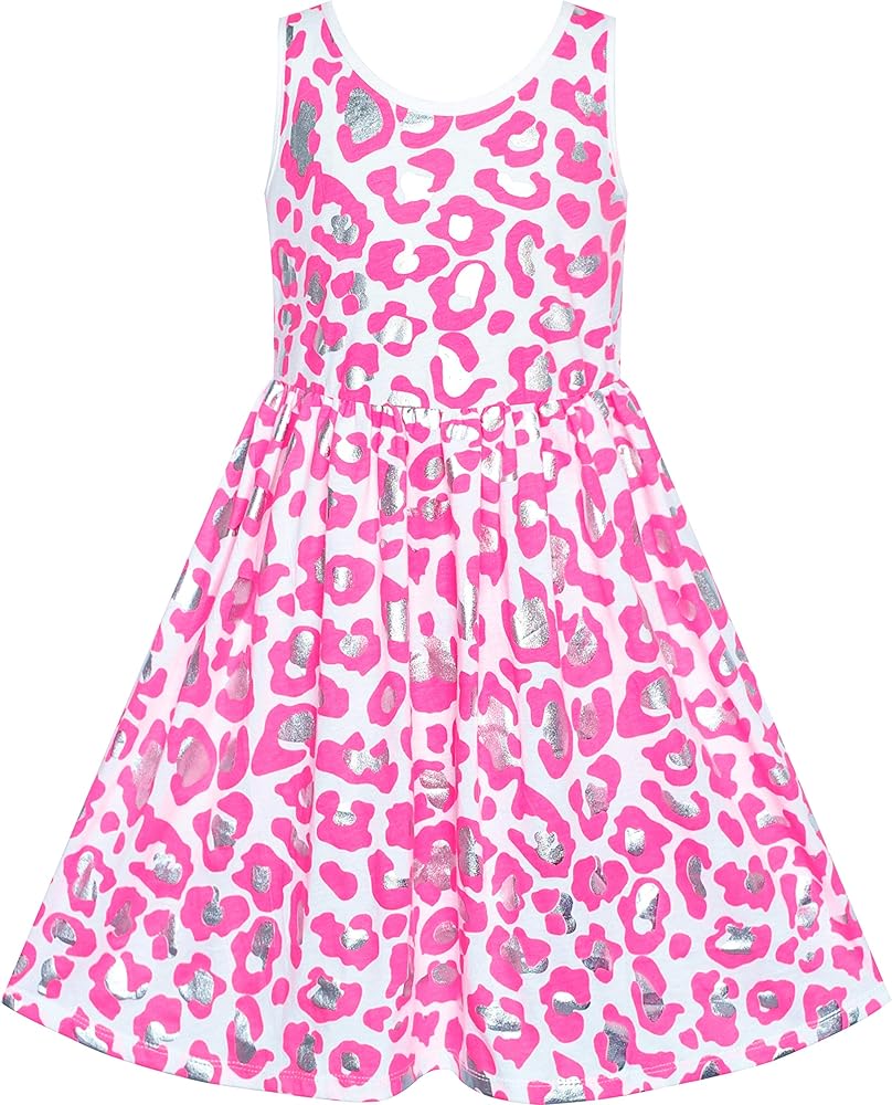 Sunny Fashion Girls Dress Pink Shinning Leopard Casual Sundress Size 4-8