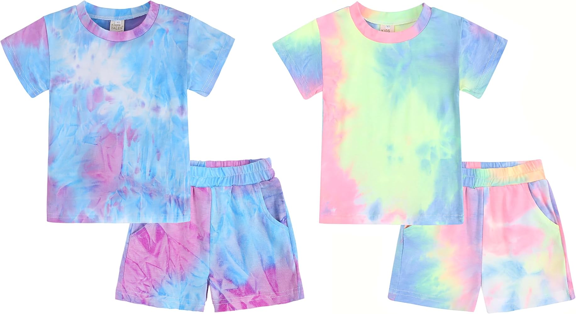 Agitation Girls Summer Set Tie-Dye T-Shirt and Shorts Set with Side Pockets 2 Pcs with 2 Sets for Kids