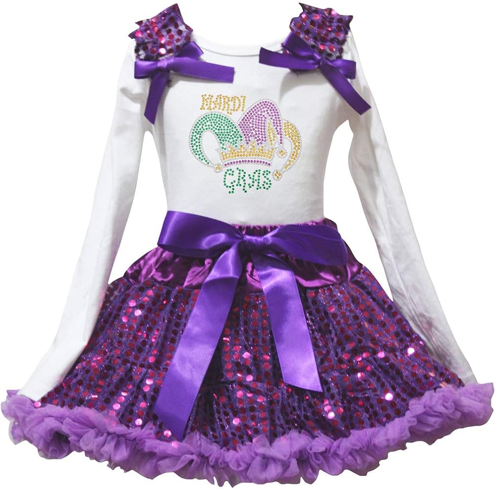 Petitebella Mardi Gras White L/s Shirt Purple Sequins Petti Skirt Outfit 1-8y