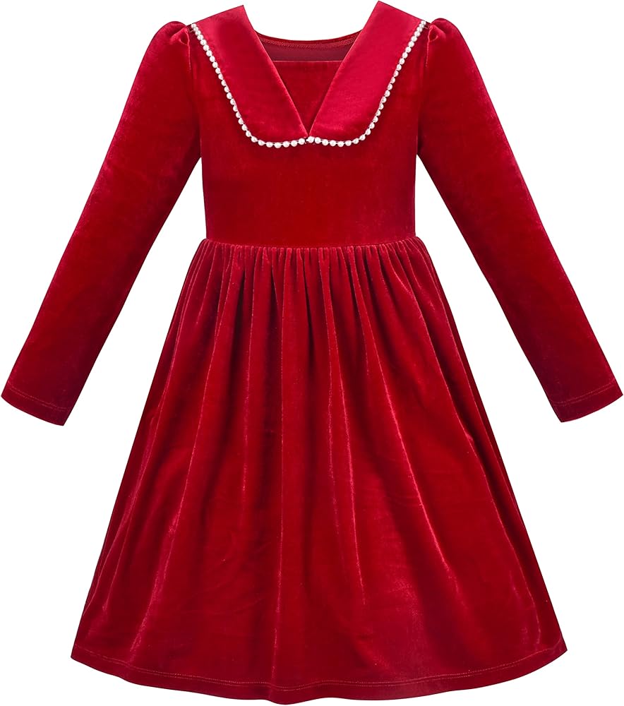 Girls Dress Red Christmas Pearl Collar Velvet Long Sleeve Pageant Party Size 12