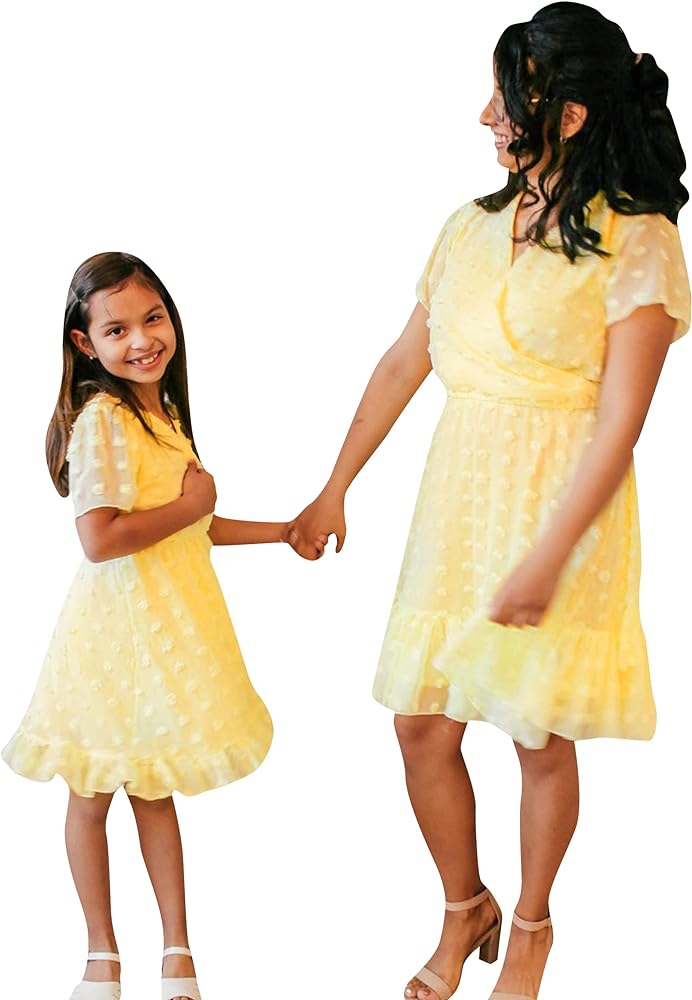 YMING Mommy and Me Matching Chiffon Dresses V Neck Solid Color Dress Long Sleeve Swiss Dot Mini Outfits