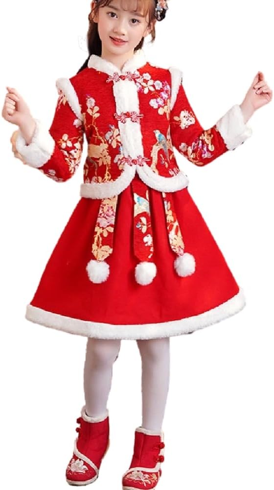 Quenny Girls' Velvet Hanfu Dresses,Children's Winter Chinese Style Tang Suits,Festivel New Year Clothing Suits.