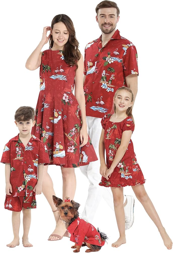 Matchable Family Hawaiian Luau Men Women Girl Boy Clothes in Christmas Santa in Hawaii Red