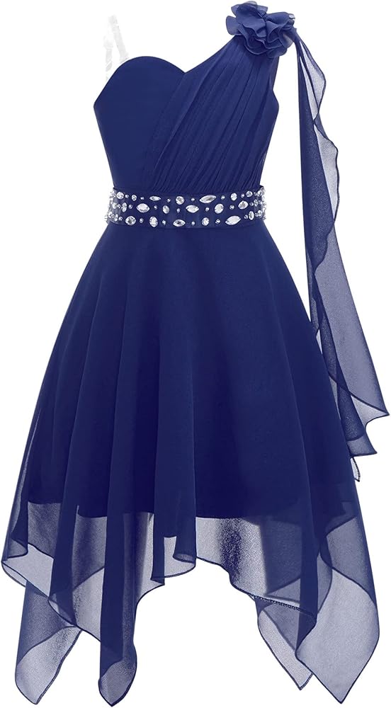 CHICTRY Girls One Shoulder 3D Applique Chiffon Dress Prom Party Wedding Flower Girls High Low Dress Navy Blue 12 Years