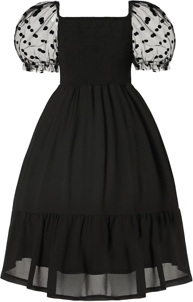 Mebius Girl's Puff Sleeve Party Dress Polka Dots Mesh Square Neck Smocked Flowy A Line Ruffle Black Dresses for Casual