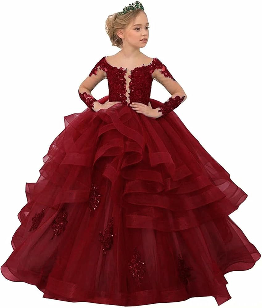 Long Sleeve Flower Girl Dress for Wedding Princess Dress Kids Formal Party Ball Gown Tulle Pageant Dress