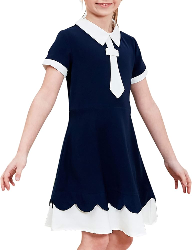 Sunny Fashion Girls Dress Swing School Bow Tie Sailor Collar Short Sleeve