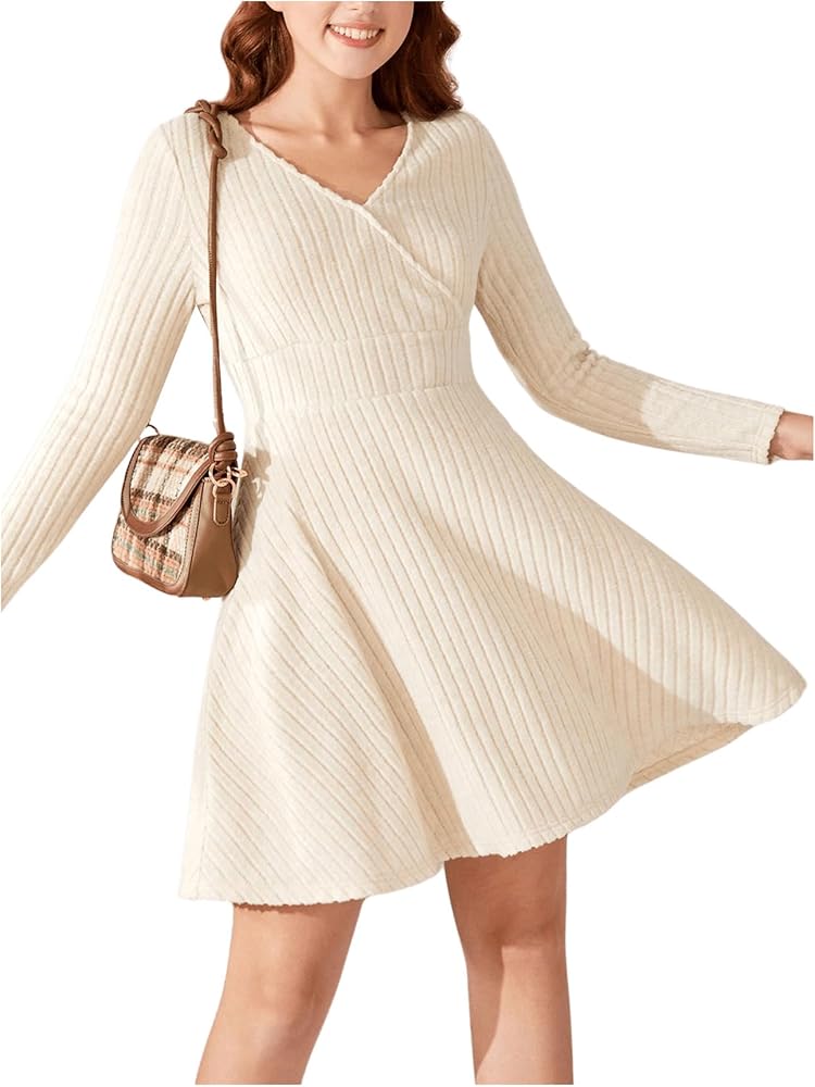 MakeMeChic Girl's Casual High Waist Long Sleeve A Line Ribbed Knit Short Dress