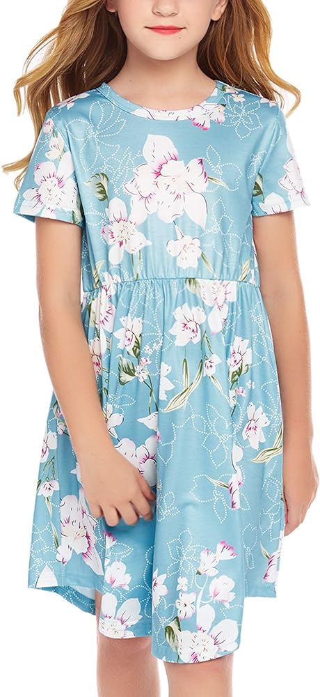 Arshiner Little Girls Short Sleeve Summer Dress Blue Floral A line Twirly Skater Casual Dresses 6-7 Years